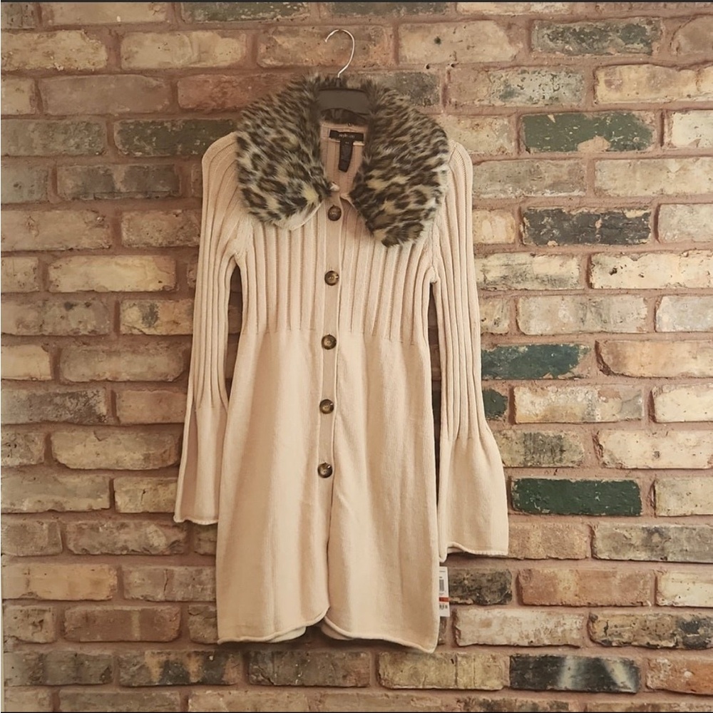 Cream Leopard Print Fur Collar  Sweater